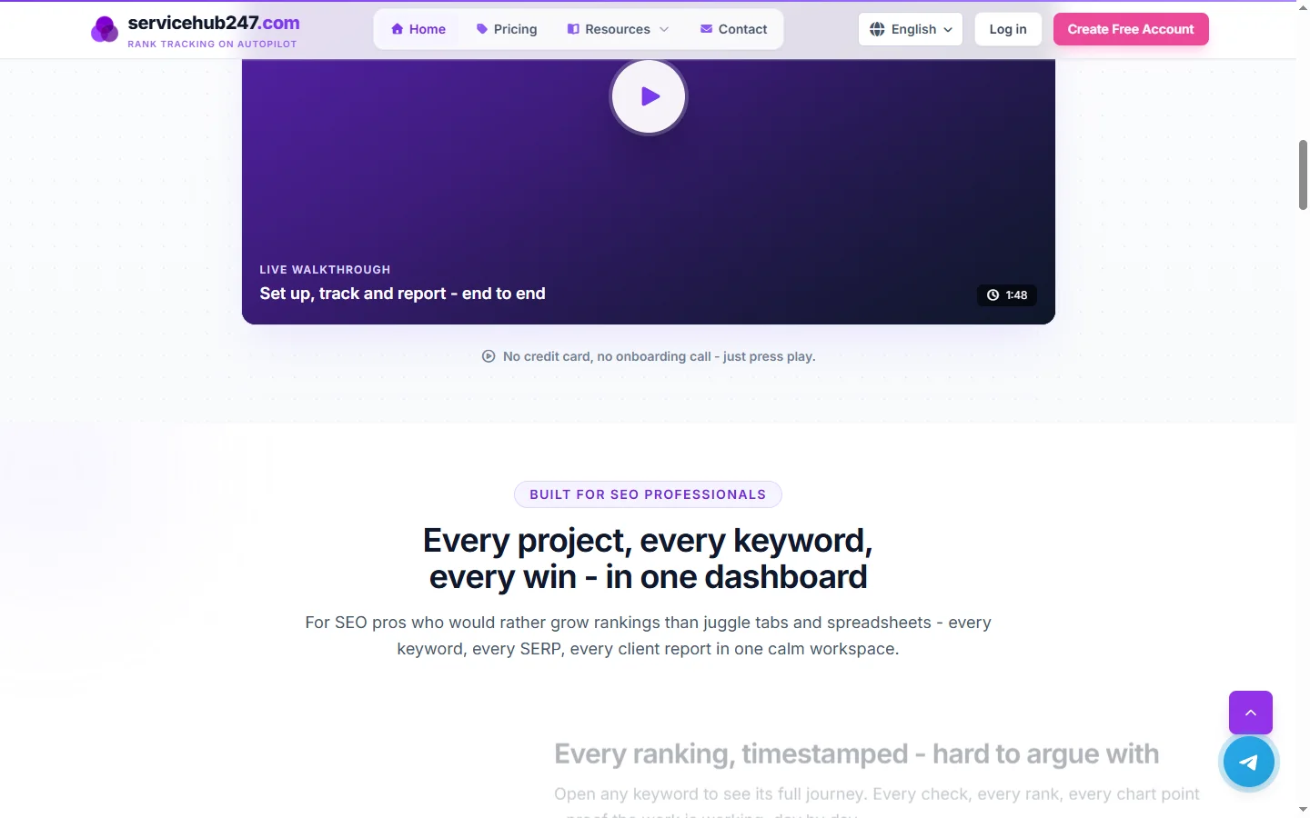 Service Hub 247 features: projects, keywords and reports in one dashboard