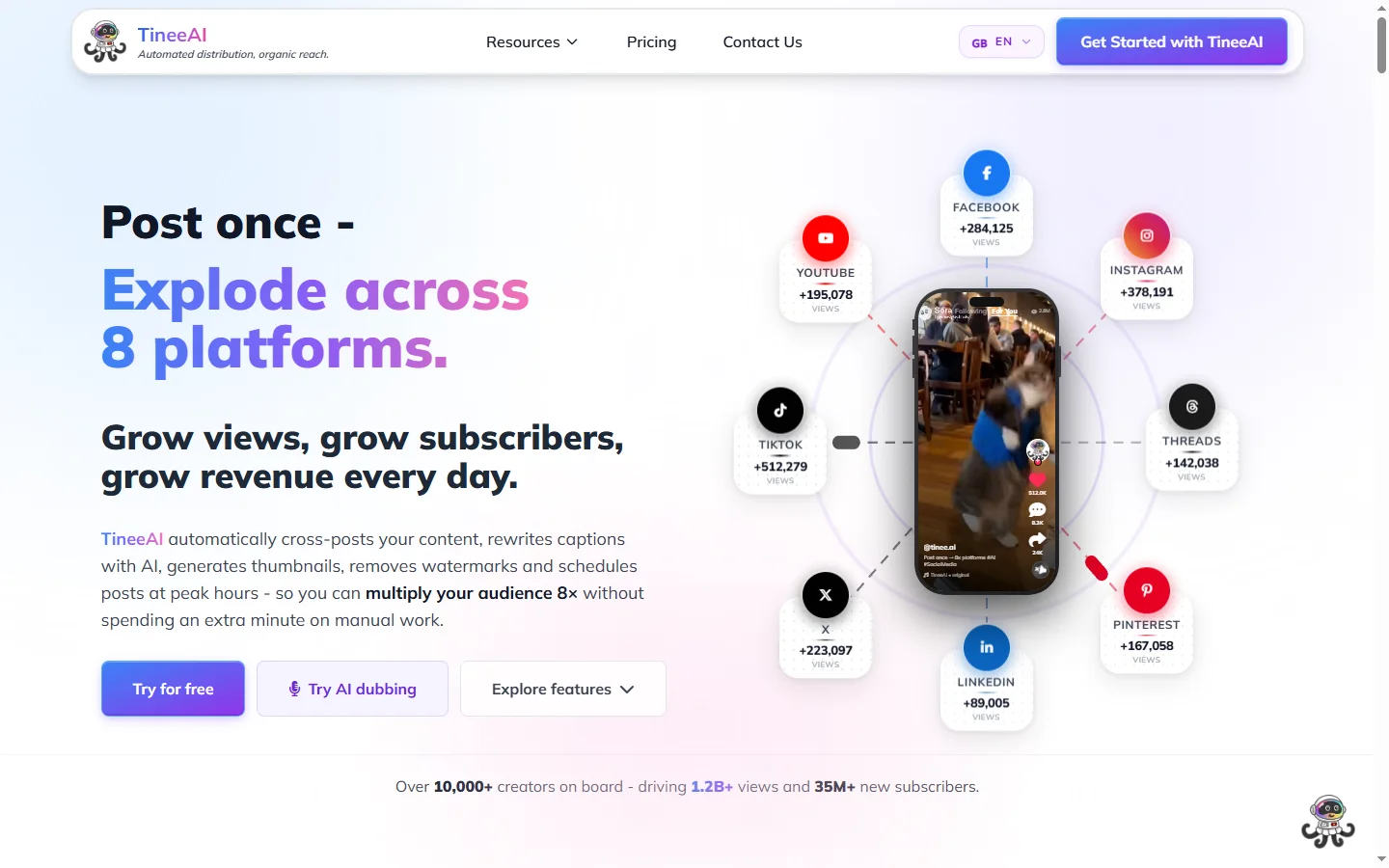 Tinee AI website - AI social media assistant